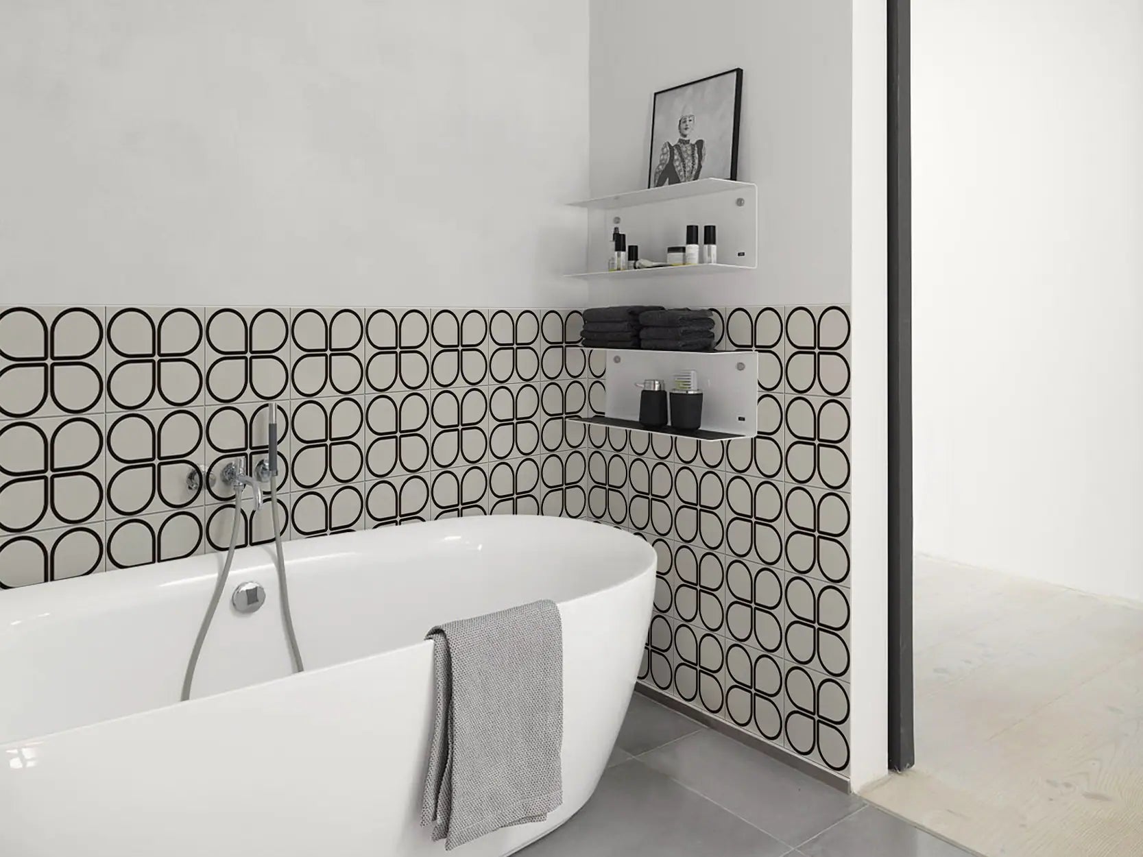 COLAMO Azulejo con estampado gráfico grueso y rígido para pared, autoadhesivo, protector contra salpicaduras blanco y negro para cocina, despegar y pegar