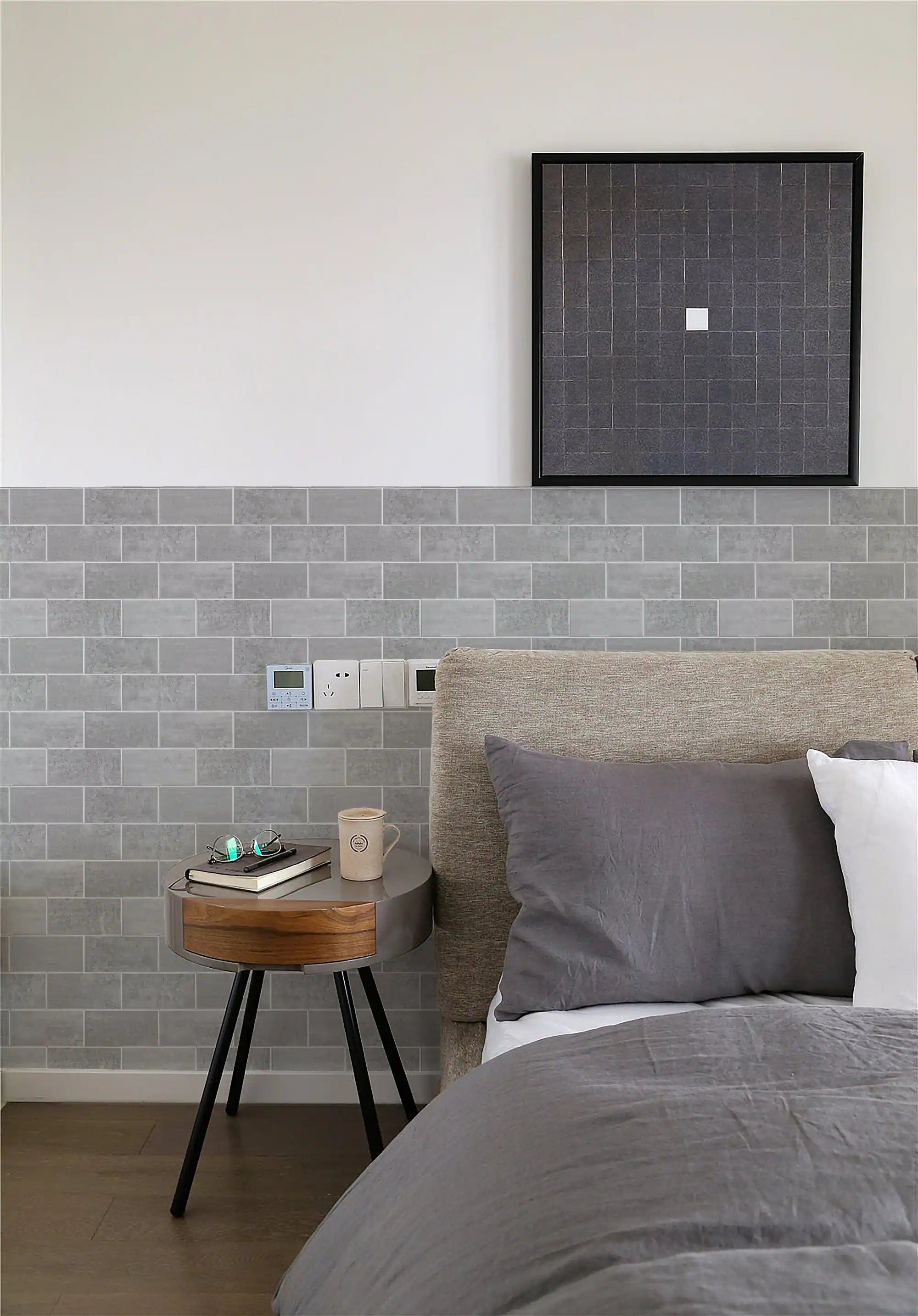 Medium-Gray-Vinyl-Concrete-Look-Peel-and-Stick-Subway-Tiles-in-bedroom