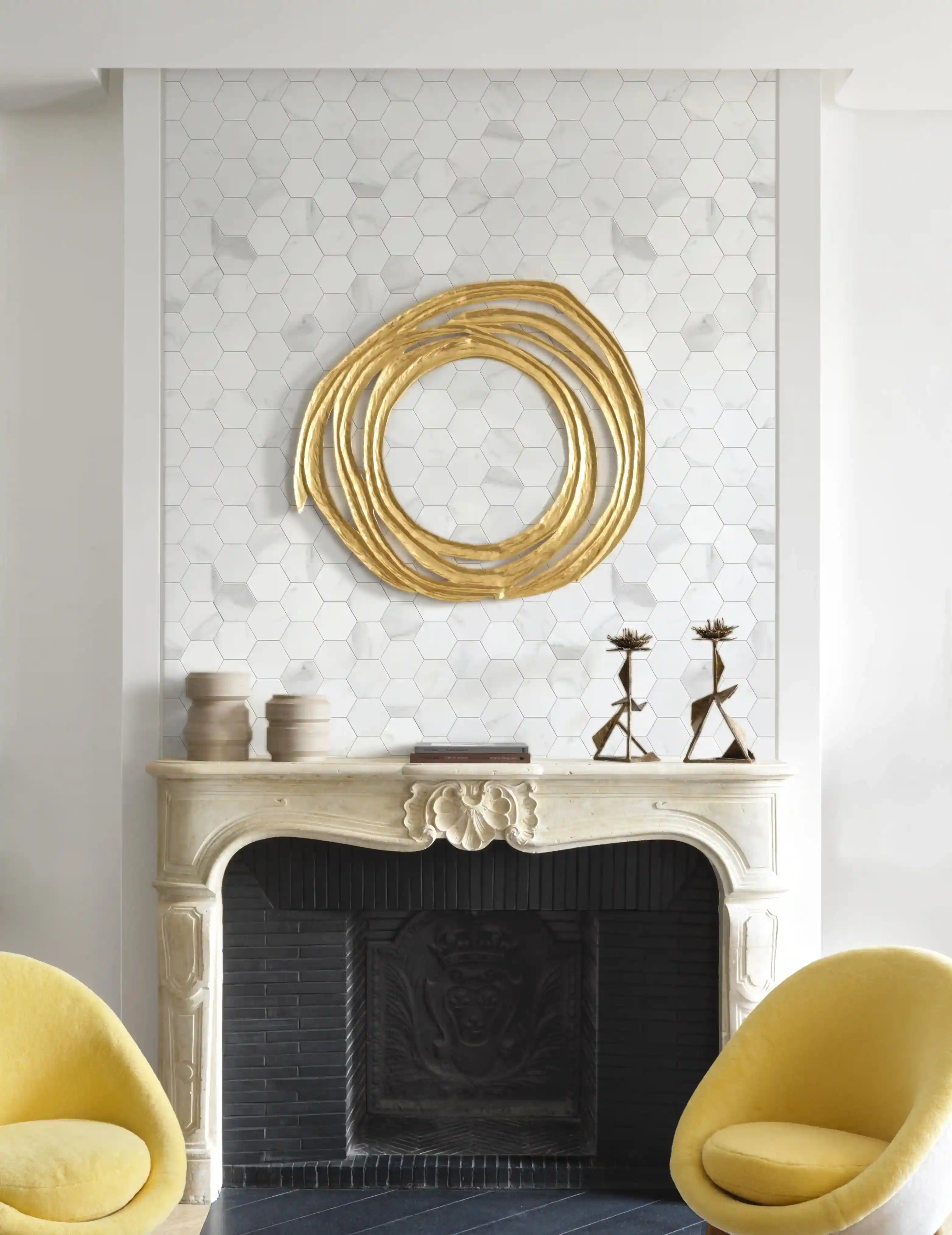 Statuario-Hexagon-Peel-and-Stick-Tiles-in-fireplace