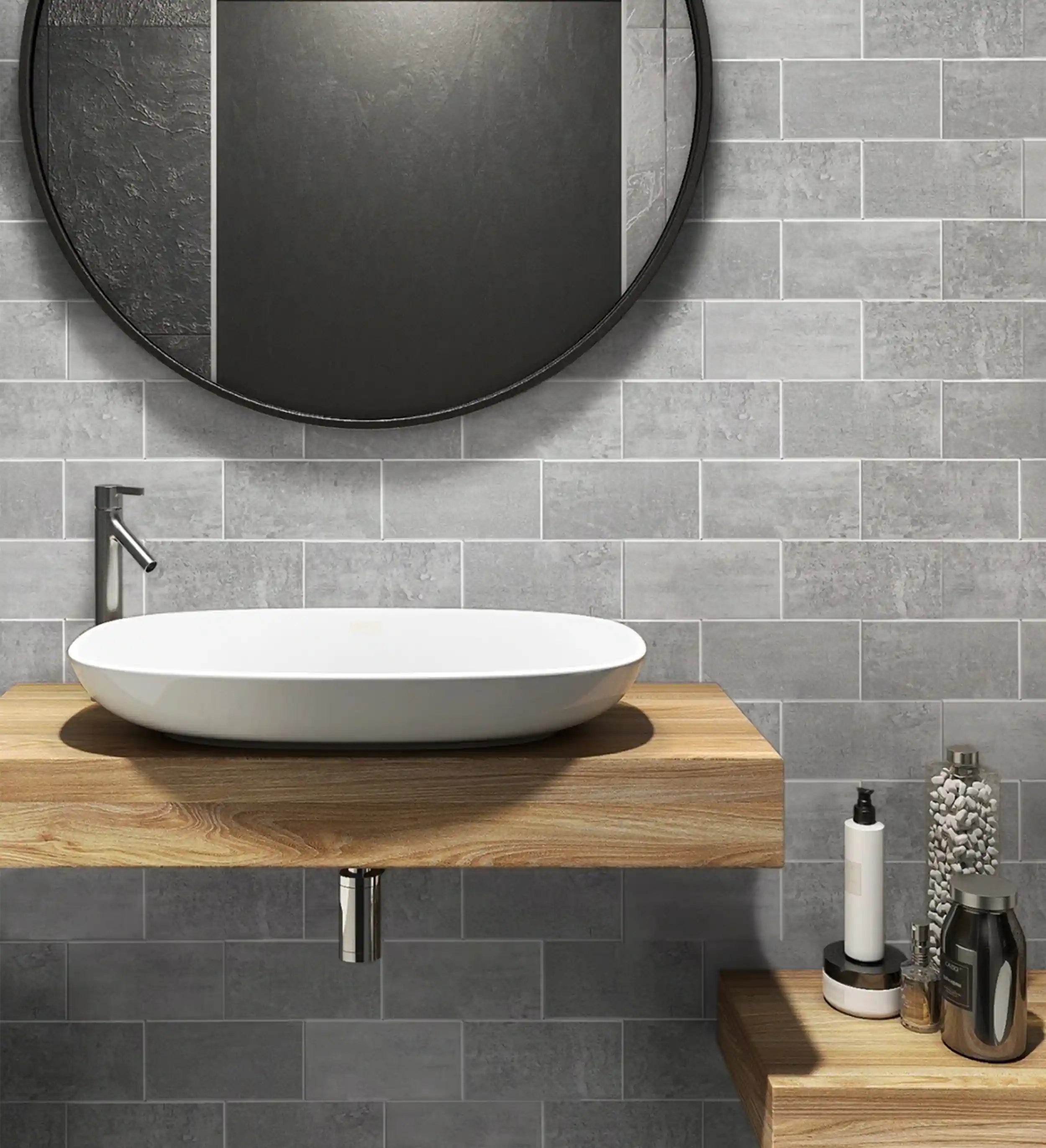 Medium-Gray-Vinyl-Concrete-Look-Peel-and-Stick-Subway-Tiles-in-bathroom