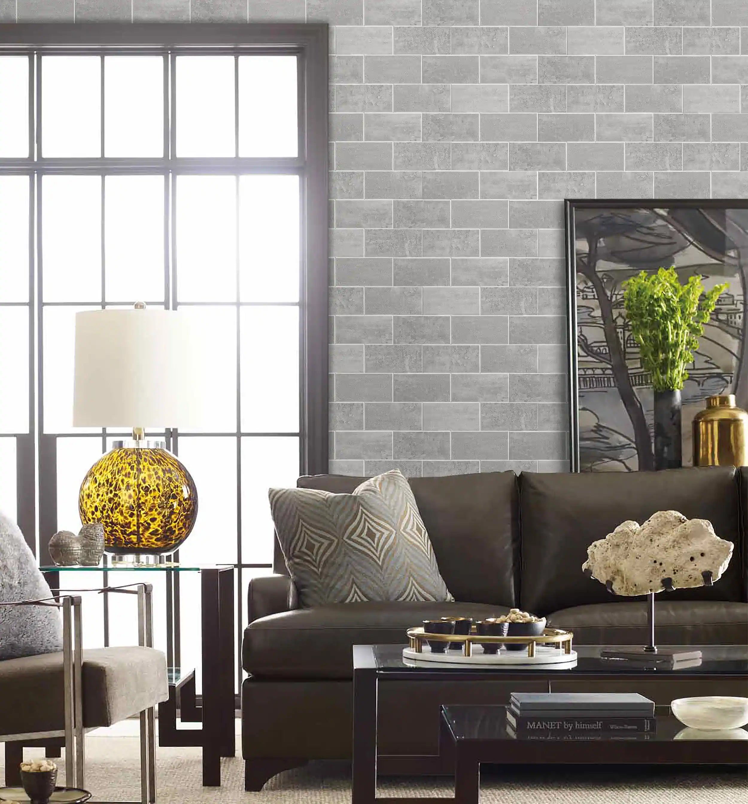 Medium-Gray-Vinyl-Concrete-Look-Peel-and-Stick-Subway-Tiles-in-living-room