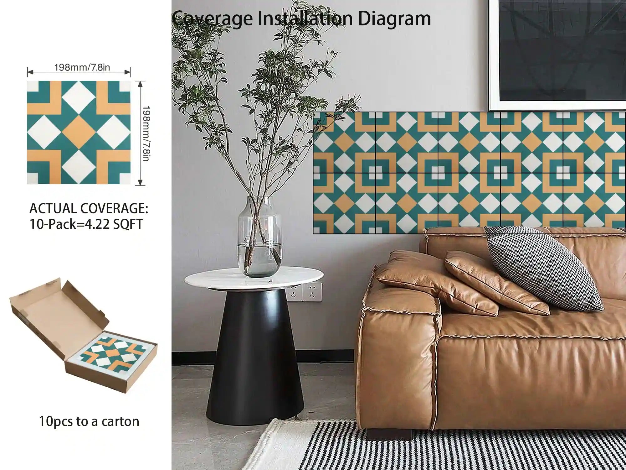 COLAMO Matte Green Orange Mix  Self Adhesive Graphic Tile Decals Peel and Stick Backsplash