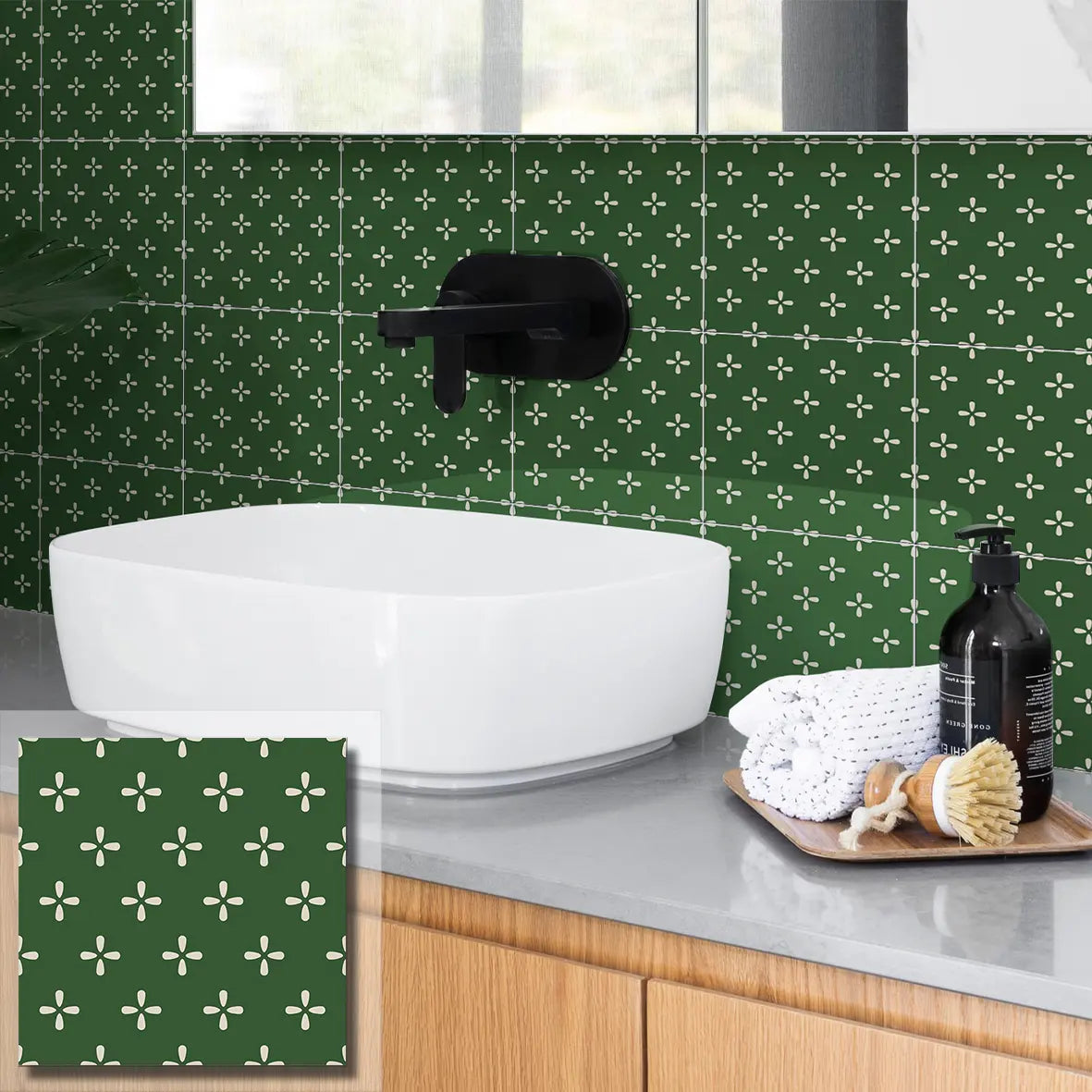 COLAMO Glossy Green Dot Print Patterned Self Adhesive Graphic Tile