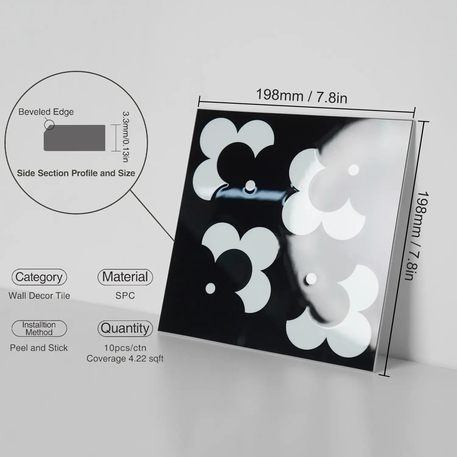 COLAMO Glossy Black Self Adhesive Graphic Tile Waterproof Peel and Stick Backsplash