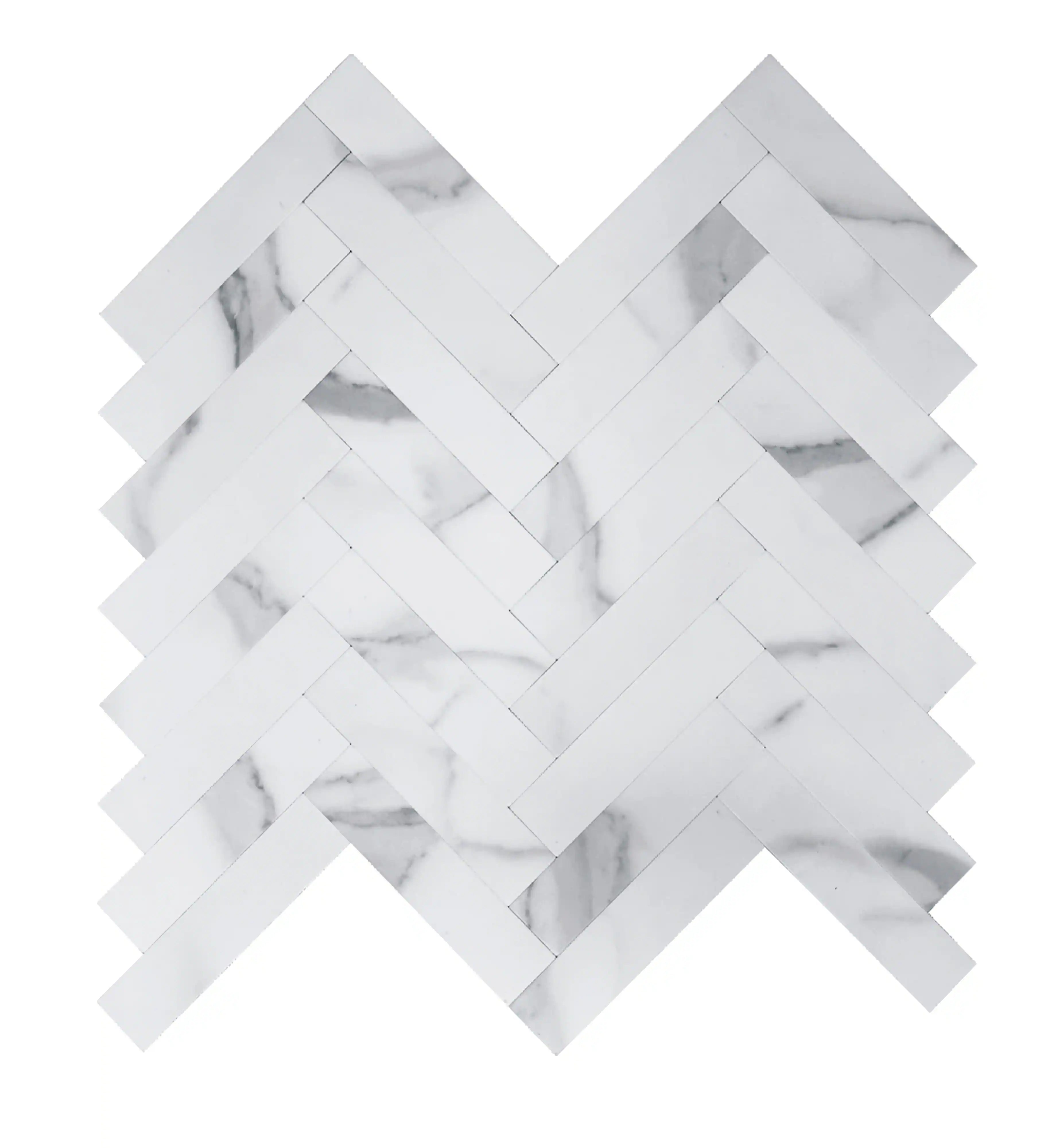 Colamo Thick Carrara White Herringbone Peel and Stick Backsplash Marble Look Tiles