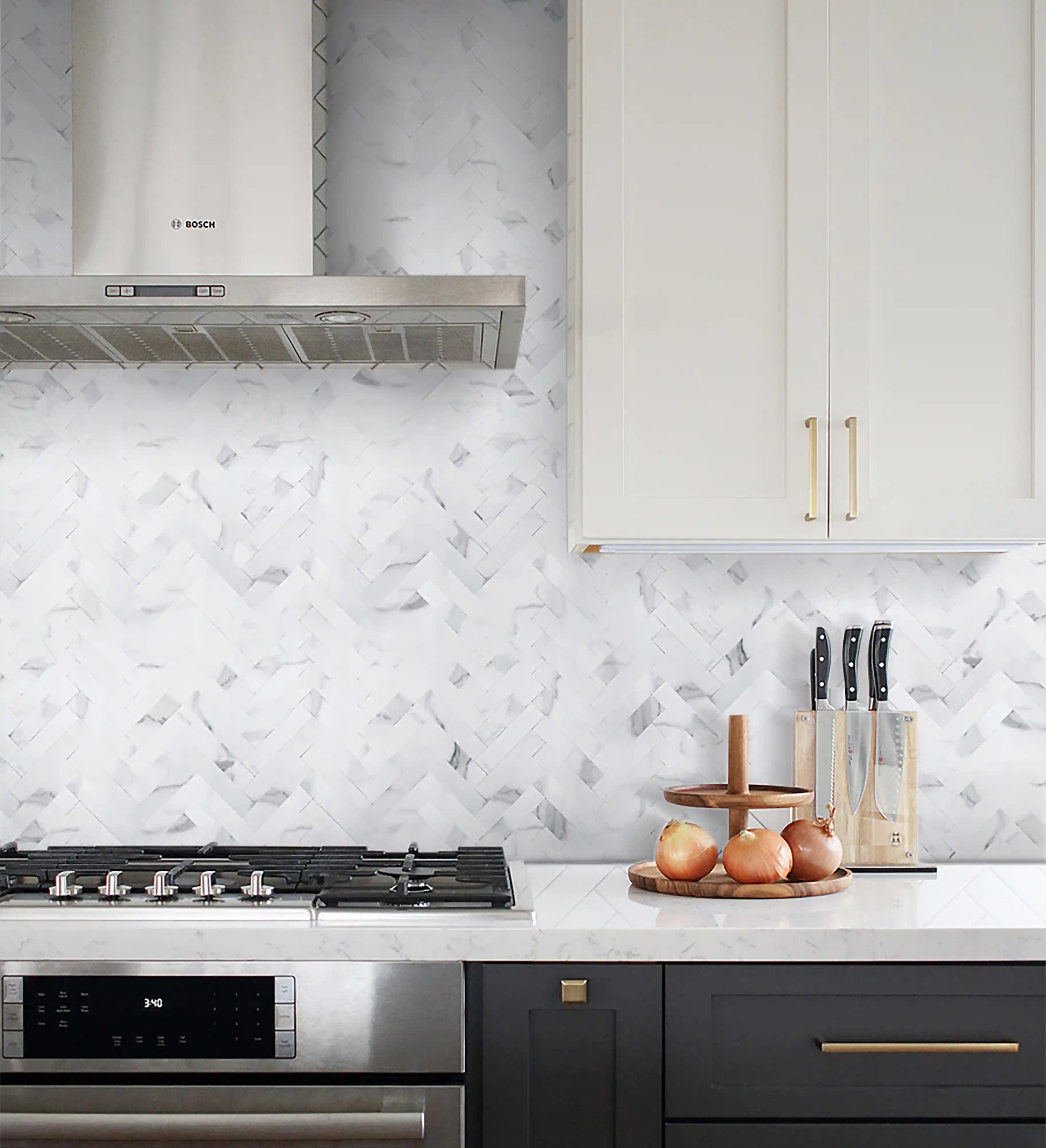 COLAMO Grueso Carrara Blanco Espiga Peel and Stick Backsplash Azulejos con apariencia de mármol 