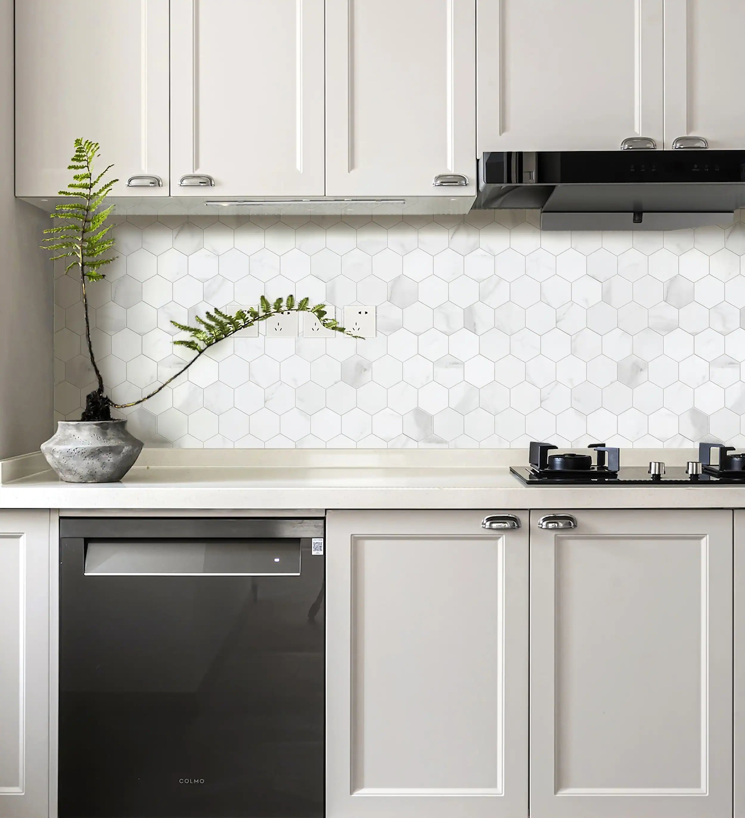 Statuario-Hexagon-Peel-and-Stick-Backsplash-in-Kitchen