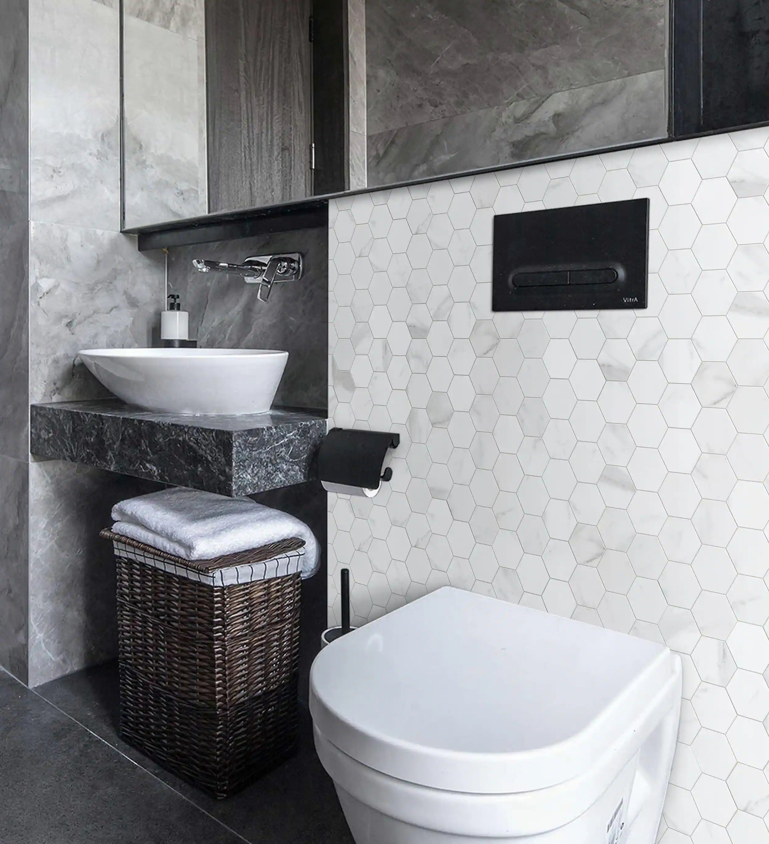 Statuario-Hexagon-Peel-and-Stick-Backsplash-in-bathroom