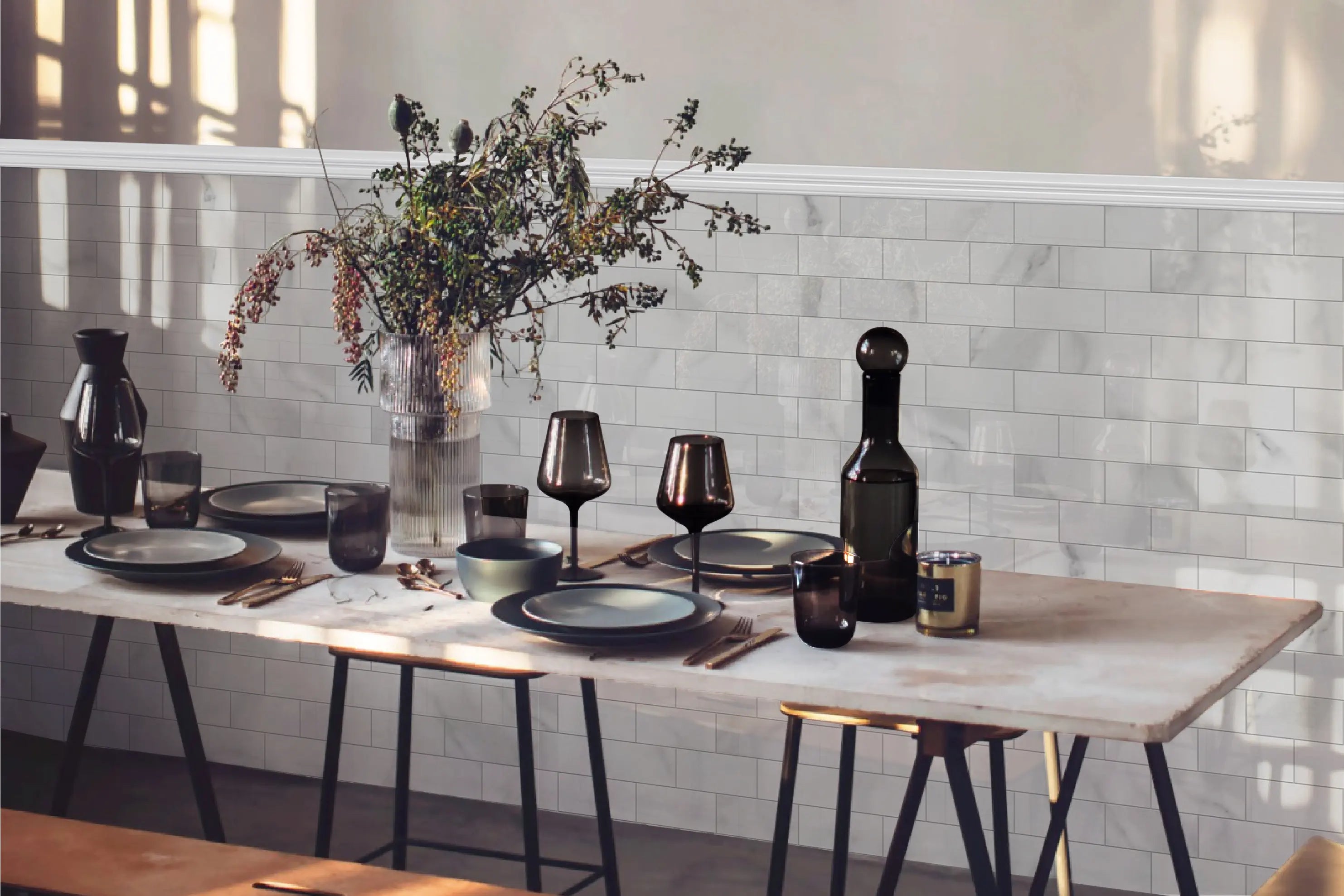 Carrara-White-Marble-Peel-and-Stick-Subway-tiles-in-dining-area