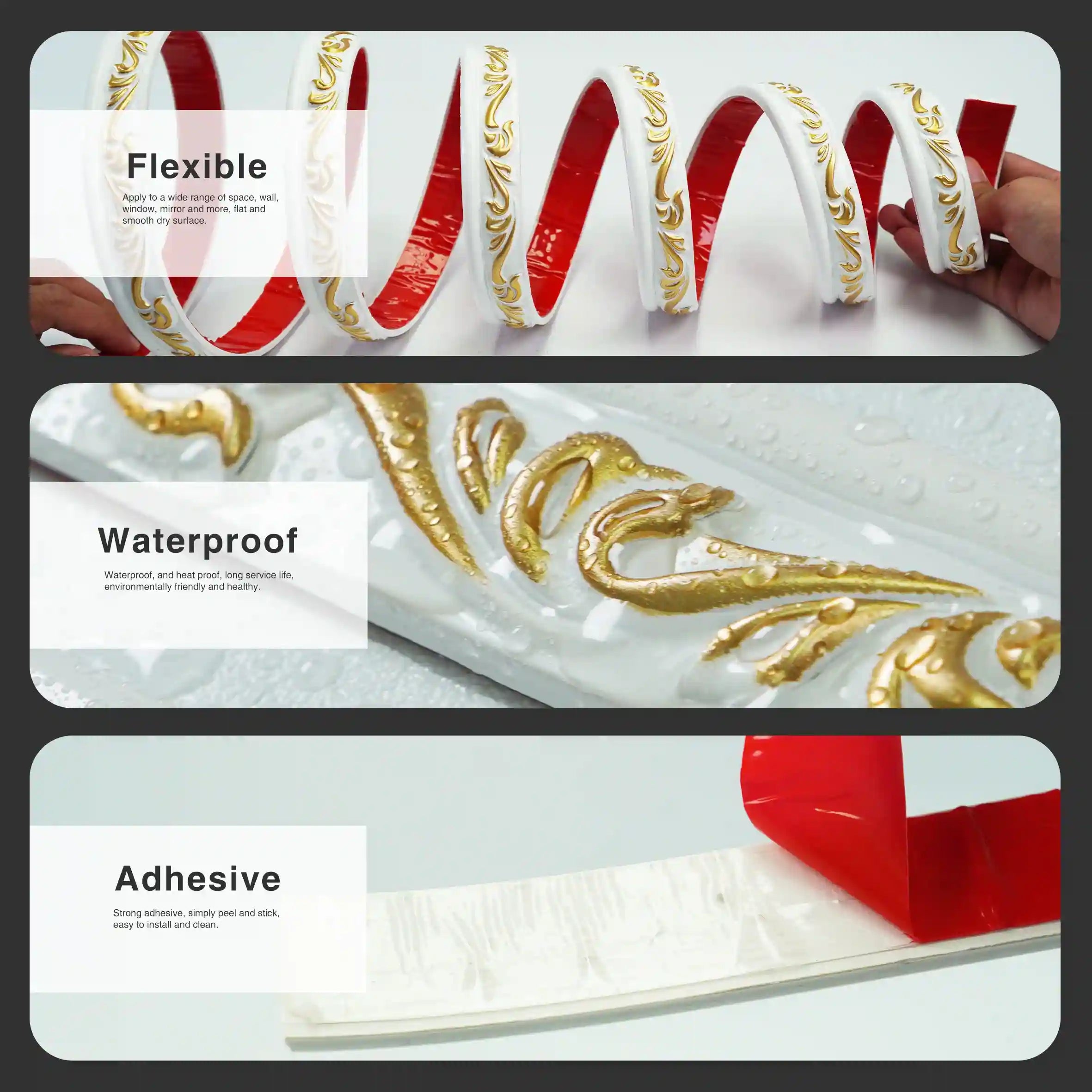 COLAMO Gilded Crown White Molding Trim Adhesive Peel and Stick Baseboard Trim Tile Edge Trim