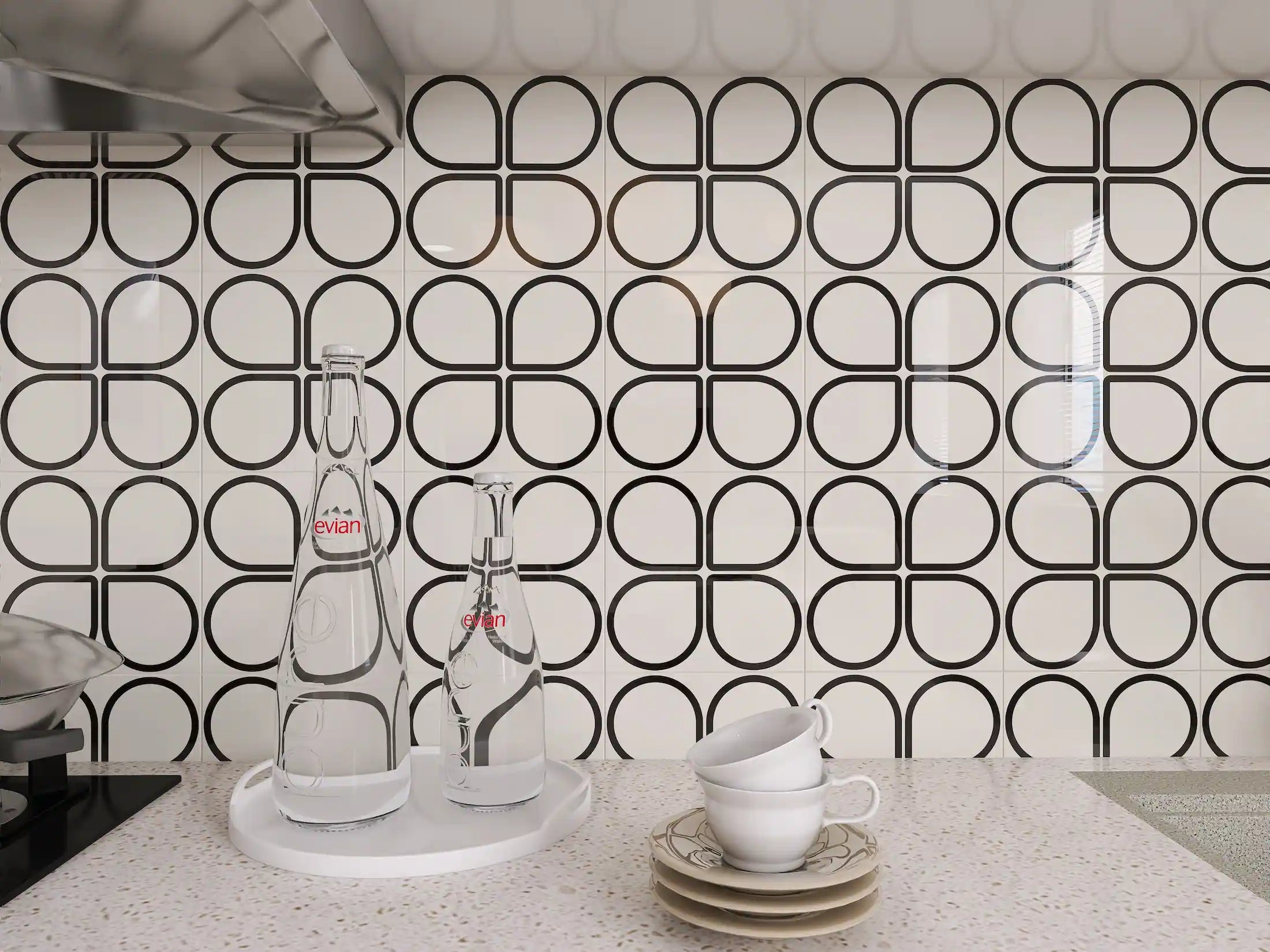 COLAMO Azulejo con estampado gráfico grueso y rígido para pared, autoadhesivo, protector contra salpicaduras blanco y negro para cocina, despegar y pegar