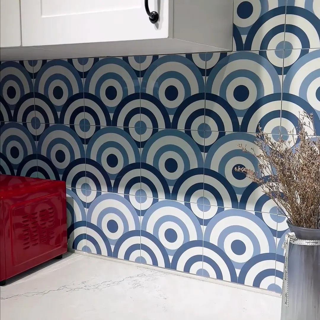 COLAMO Glossy Blue Self Adhesive Graphic Patterned Tile Waterproof Peel and Stick Backsplash